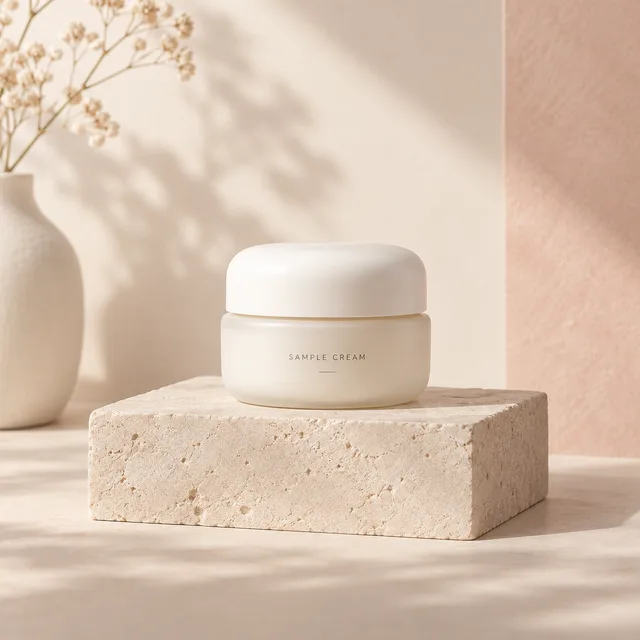 Synthetic sample cream jar on a warm ivory background