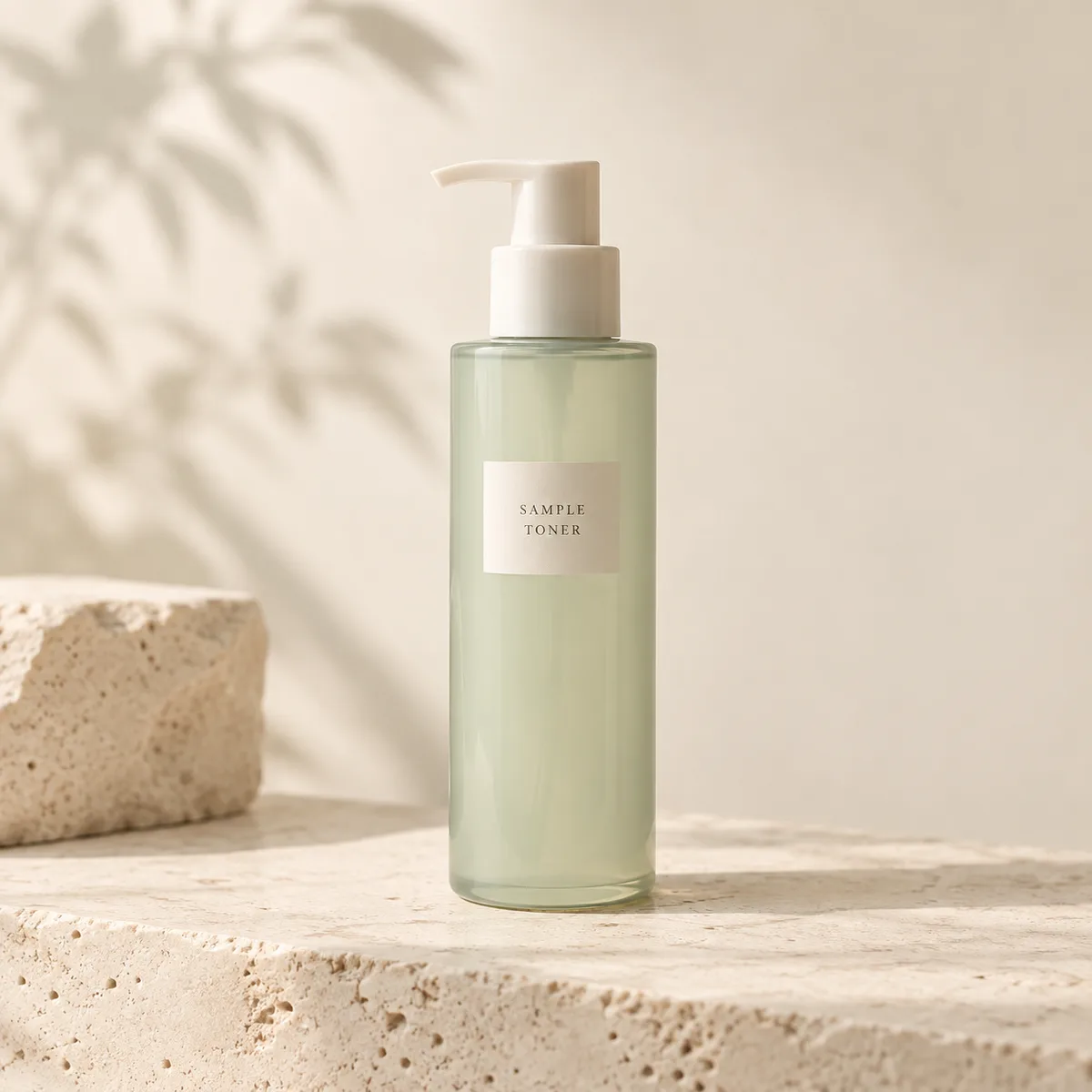 Synthetic sample toner bottle on a pale sage background