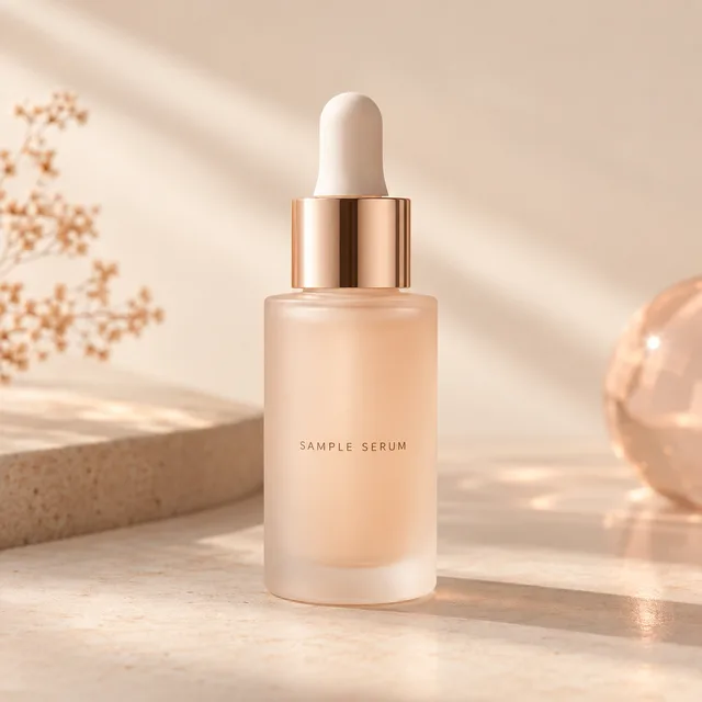 Synthetic sample serum bottle on a warm ivory background